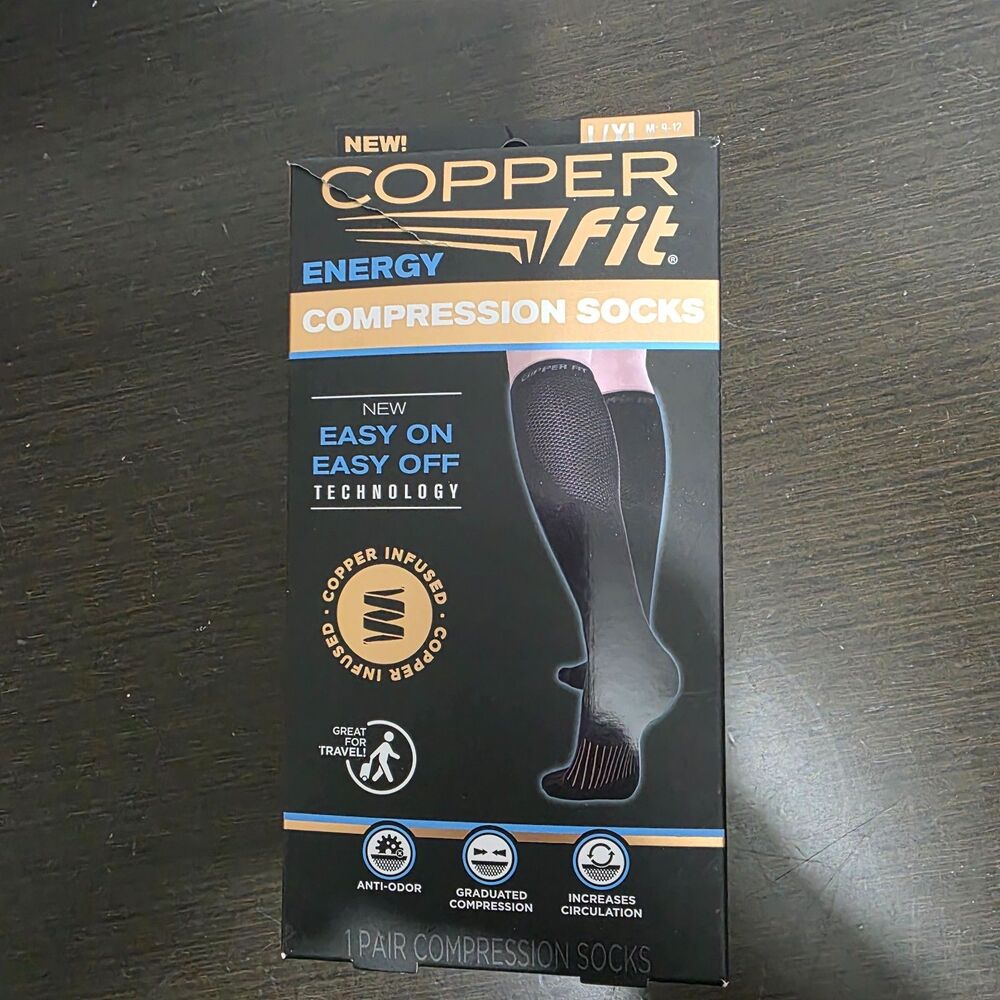 New Copper Fit Energy Compression Socks  Knee High L/XL M:9-12, W:10-13, 1 Pair